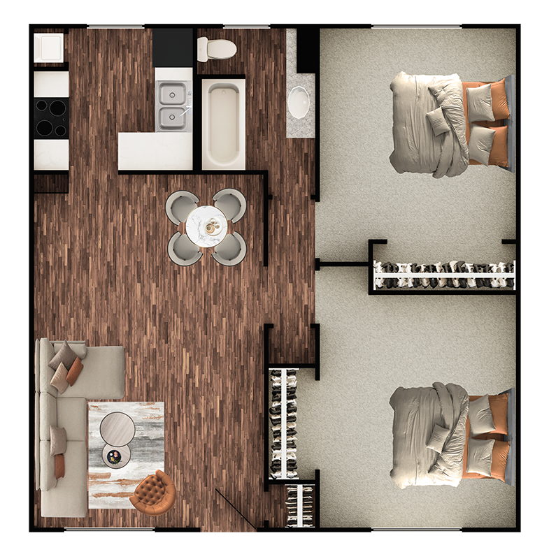 Floor plan for 2 beds, 1 bath, 995 sqft